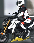 A woman on a white Suzuki motorcycle wearing SHIMA MOTORCYCLE LEATHER suit IN BLACK FLUO, WHITE AND RED FLUO