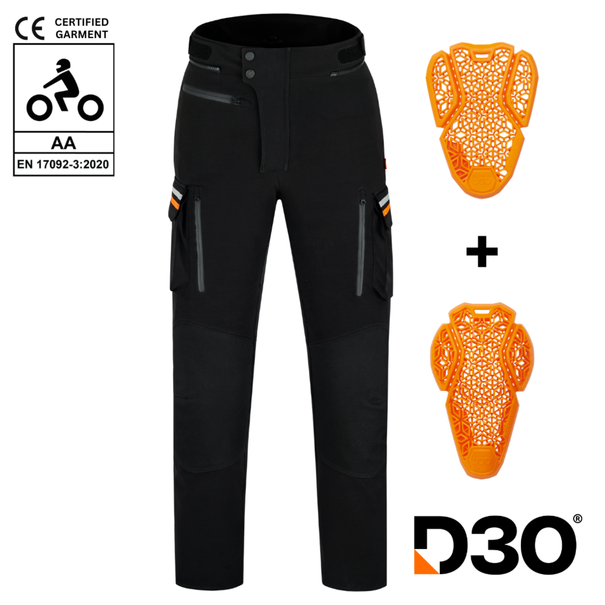 Black motorcycle pants with orange protective gear and D30 branding on a white background