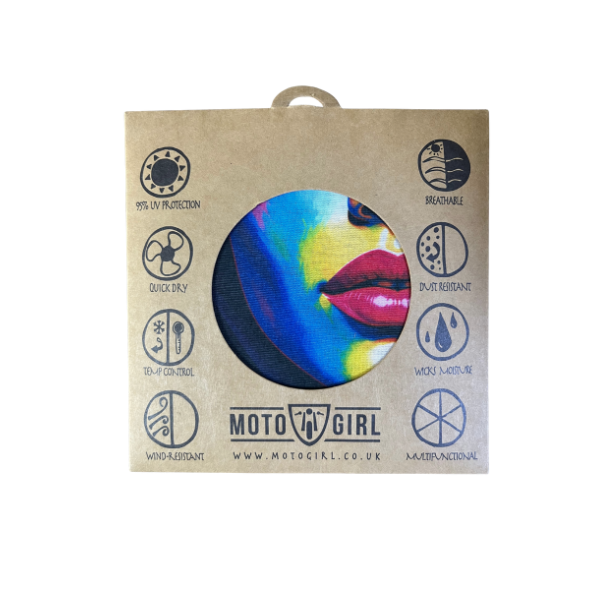 A square kraft paper packaging sleeve for a Moto Girl product, featuring a colorful circular cutout showing a close-up of lips with blue, yellow, and red tones. The sleeve includes black printed icons and text highlighting features like 100% UV protection, quick dry, and breathable.