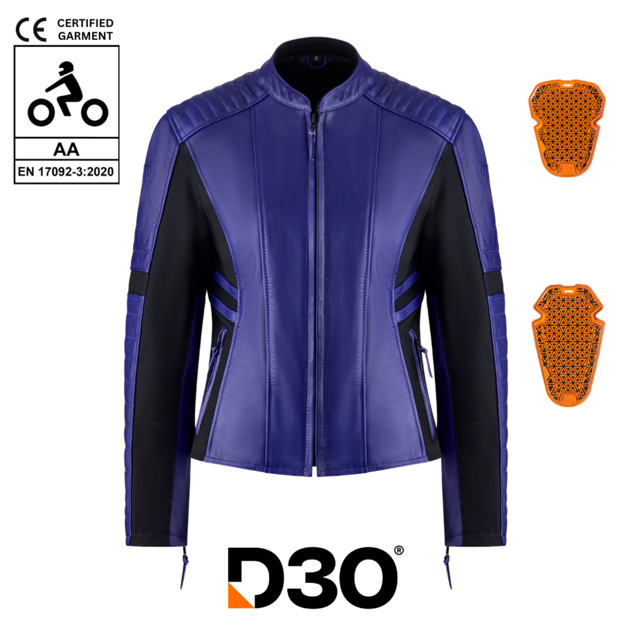 purple motorcycle leather jacket for women with front zipper and D30 protectors