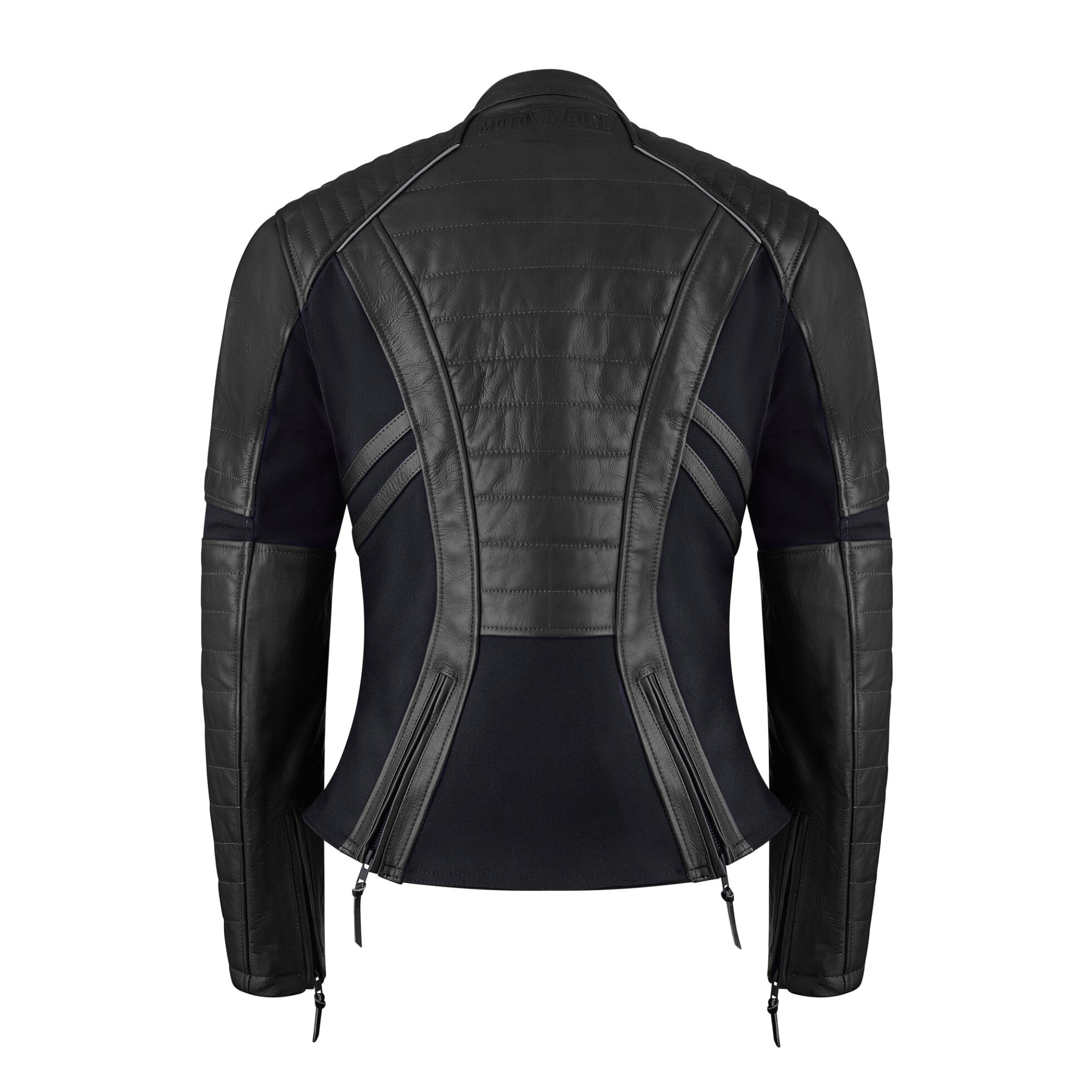 black leather motorcycle jacket with two back zippers