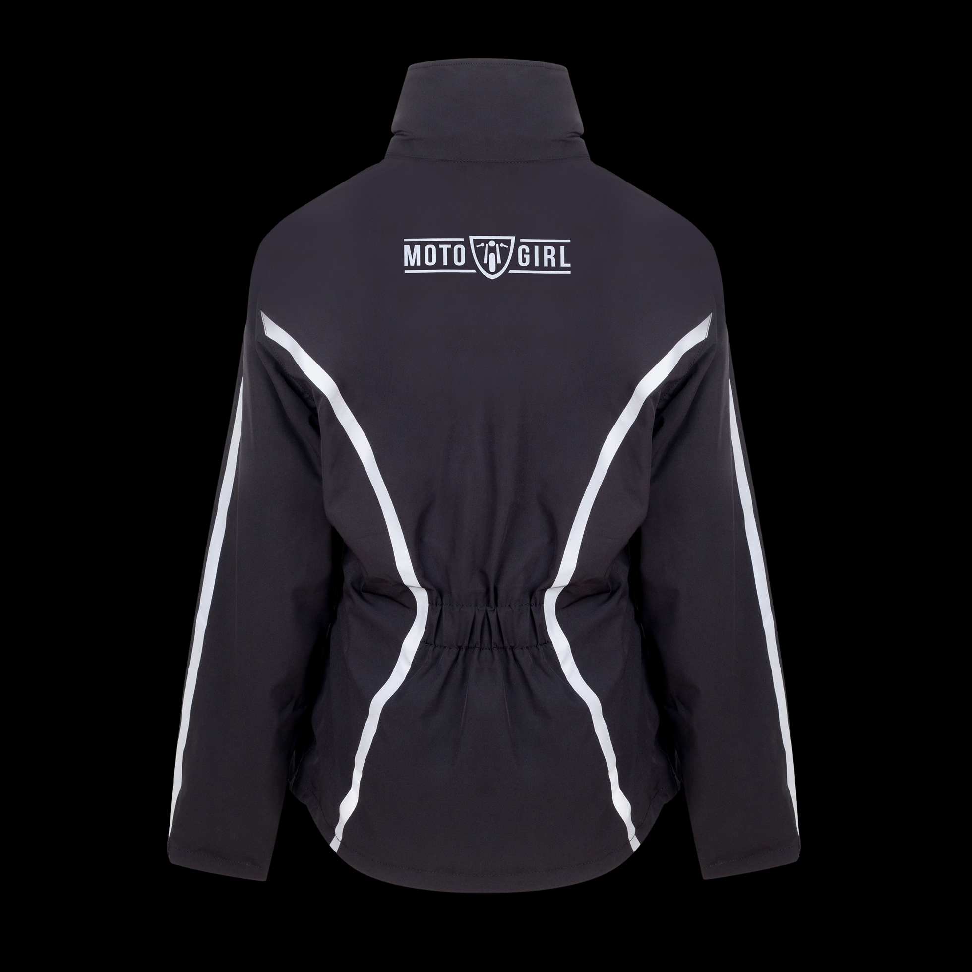 Black jacket with white accents and 'Moto Girl' logo on a black background