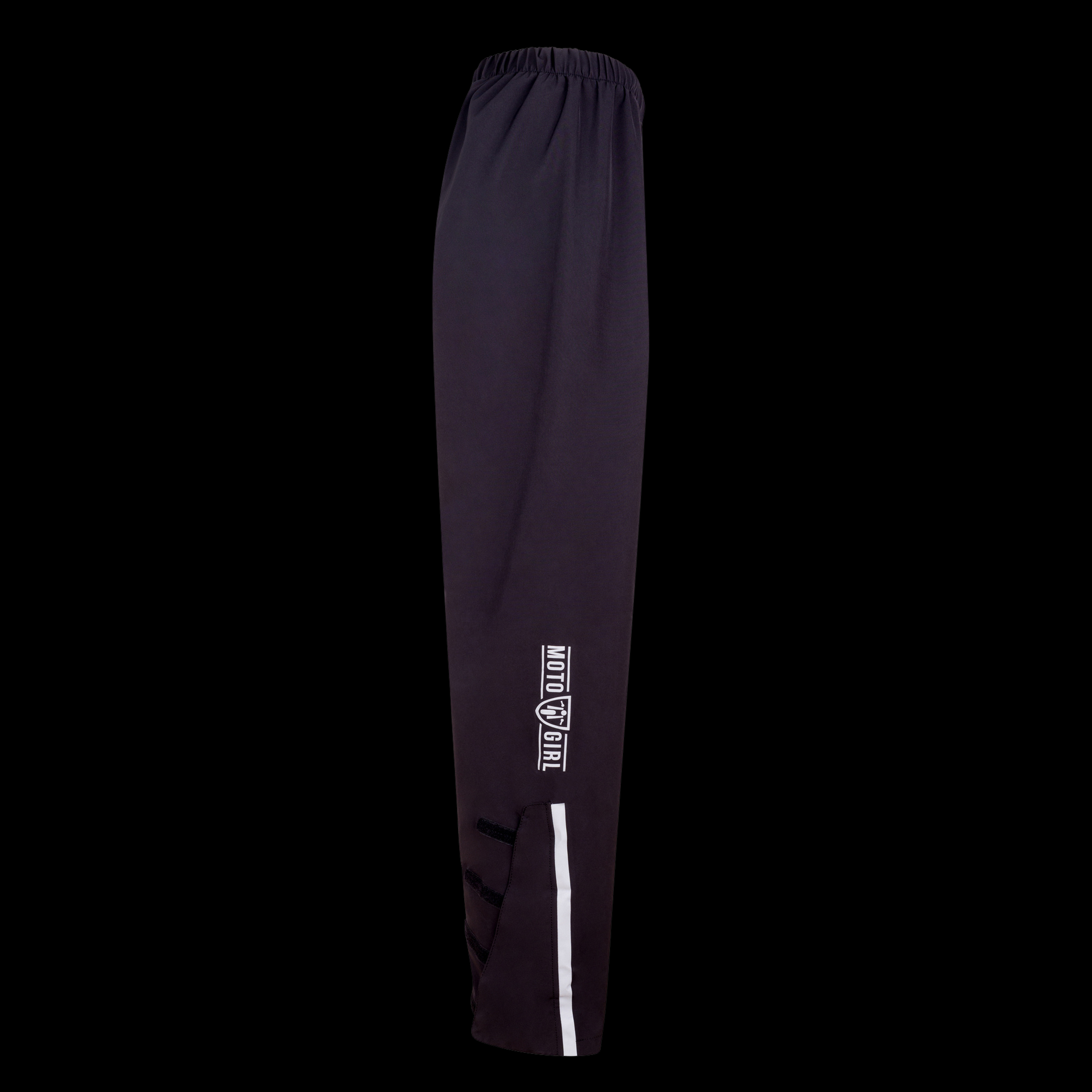 Black rain pants with a logo on a white background