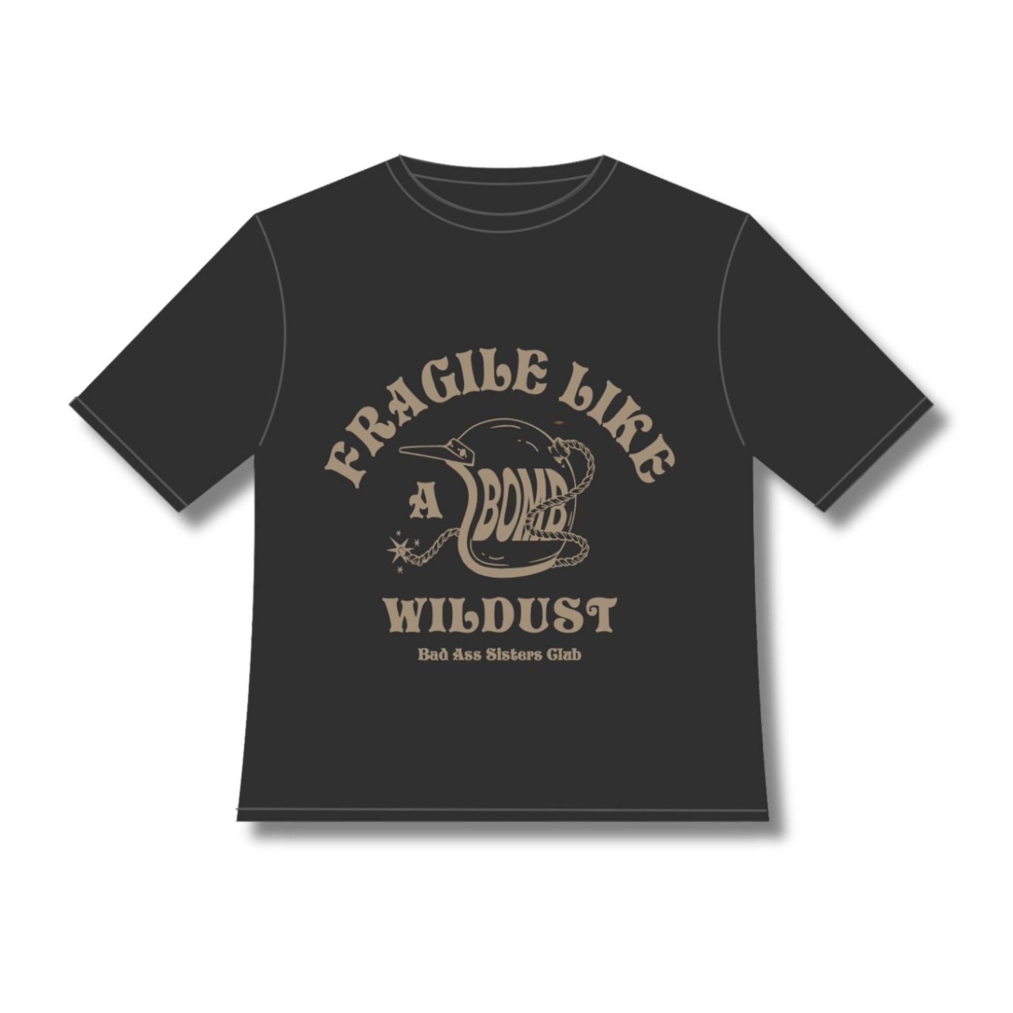 off-black wide cut short sleeve women&#39;s motorcycle t-shirt with helmet motive and Fragile like a bomb  logo 