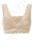 Close-up of a nude-colored wide shoulder lace bralette from Tramonte.
