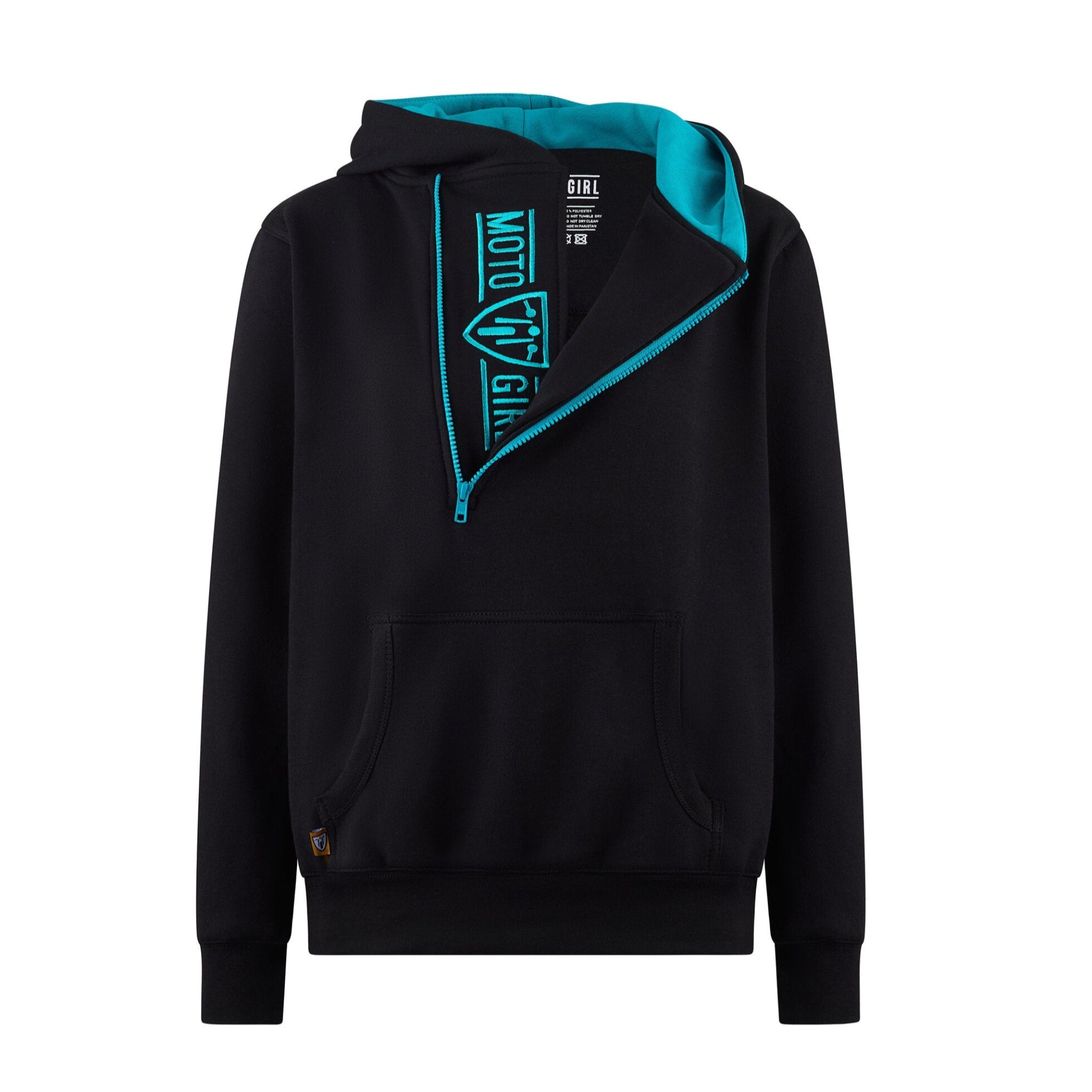 motogirl helmet hoodie in black and teal with big front zipper