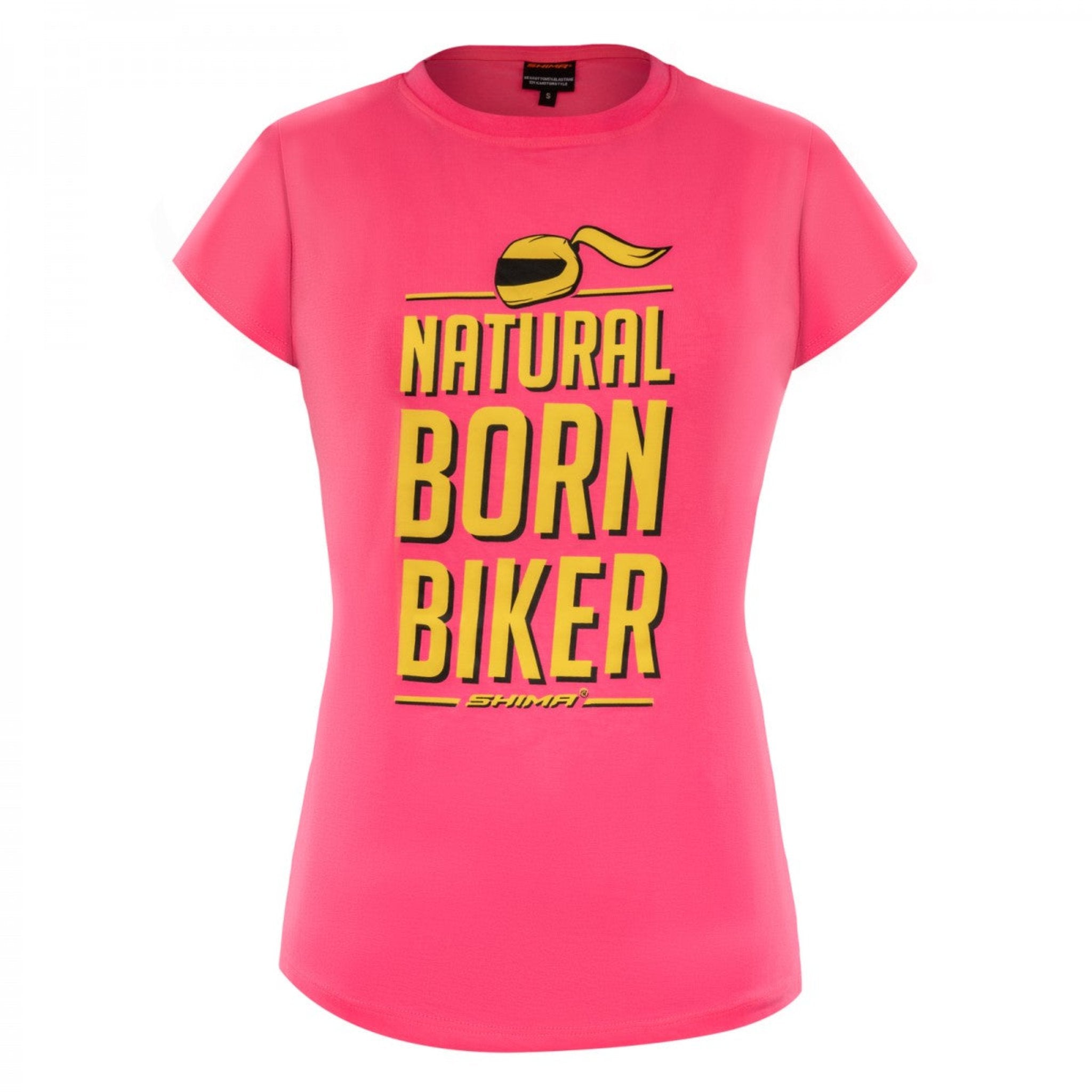 Pink t-shirt from Shima with yellow text "Natural Born Biker" 