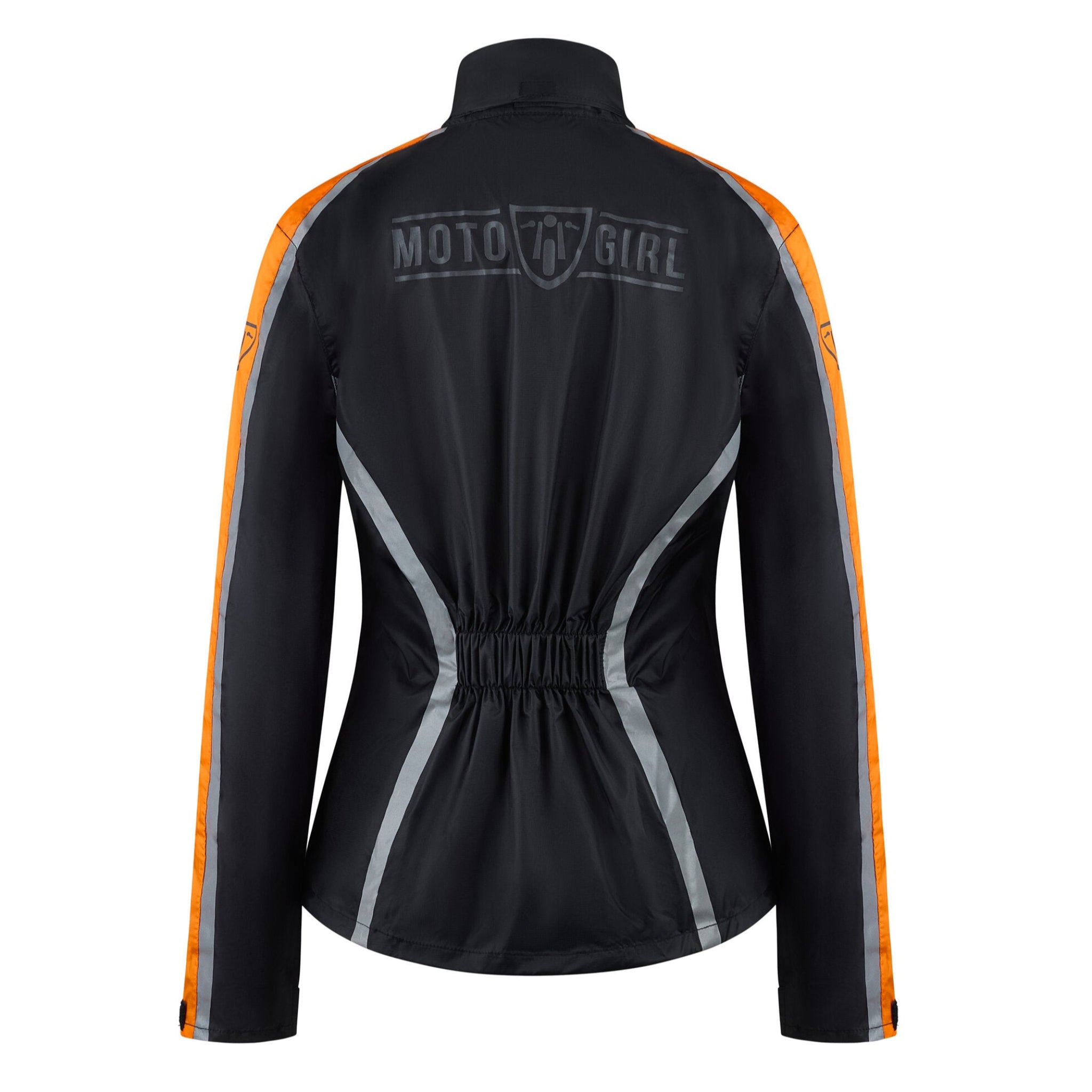 Black jacket with orange and gray accents on a white background, featuring &#39;Moto Girl&#39; branding.