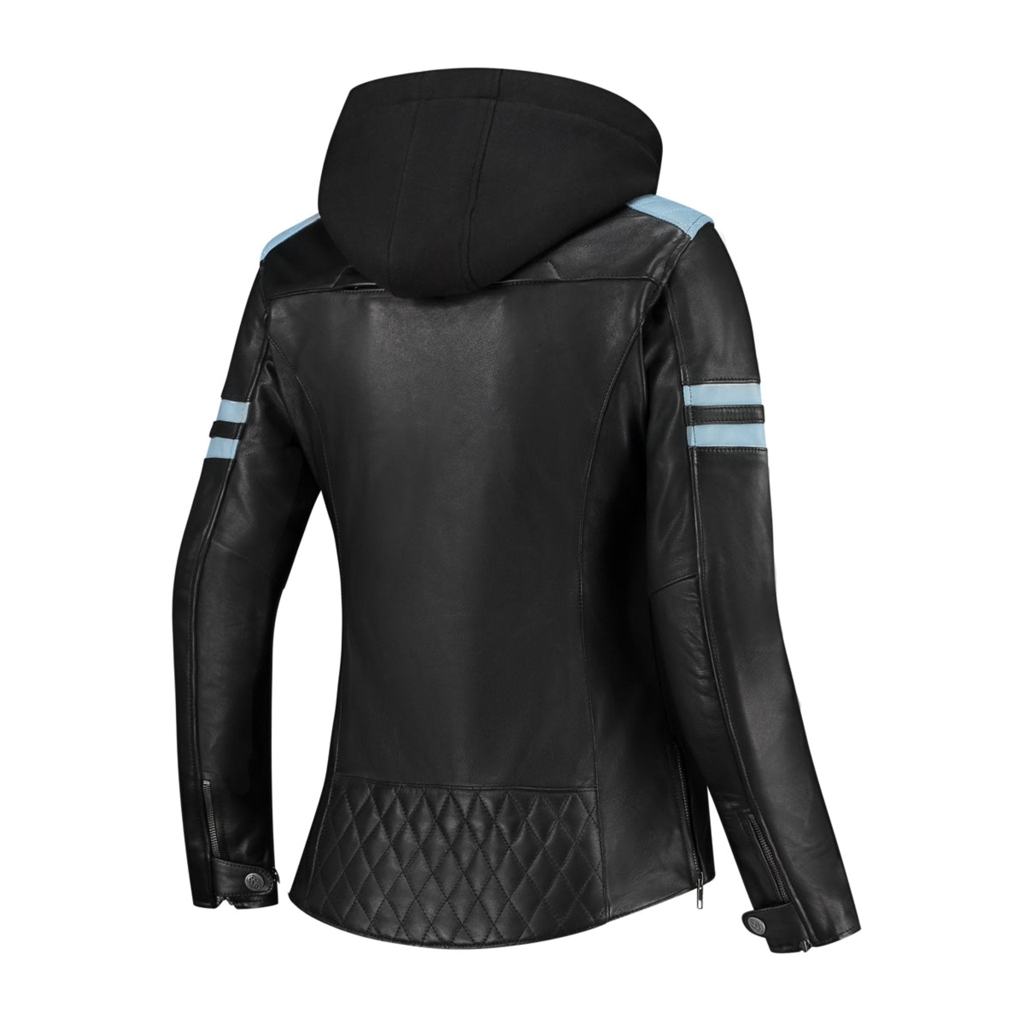 the back of Black and baby blue women's leather motorcycle jacket with the hood from Rusty Stiches