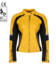 Yellow and black leather women's motorcycle jacket with reflectors on the sleeves from Moto Girl, featuring safety ratings