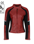 Red leather women's motorcycle jacket with reflectors on the sleeves from Moto Girl, featuring safety ratings