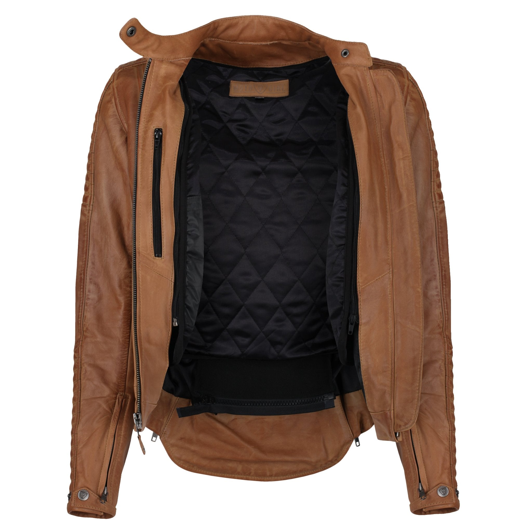 Open camel leather Valerie jacket from moto girl with zip pocket 