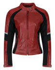 Red leather women's motorcycle jacket with reflectors on the sleeves from Moto Girl