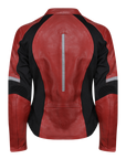 The back of a red leather women's motorcycle jacket with reflectors on the back and sleeves from Moto Girl.