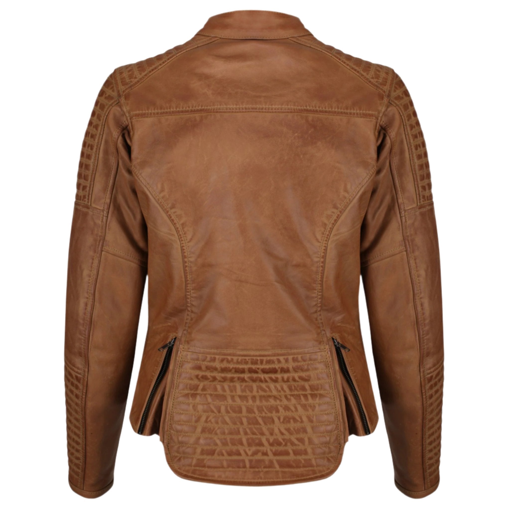 the back of camel leather Valerie jacket from moto girl with zipper detail in lower back