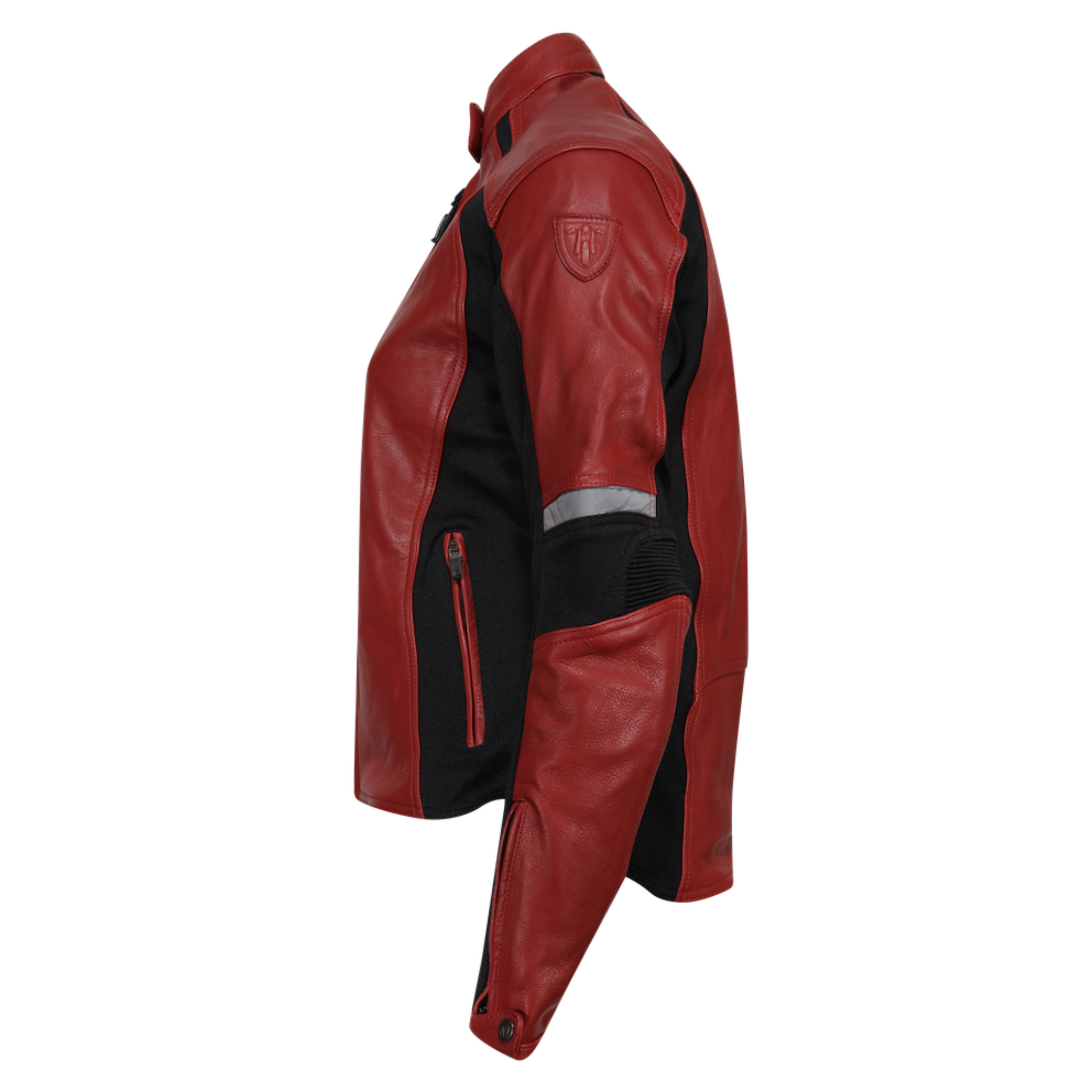 Red leather women's motorcycle jacket with a reflector on the side from Moto Girl