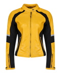 yellow and black leather women's motorcycle jacket with reflectors on the sleeves from Moto Girl.