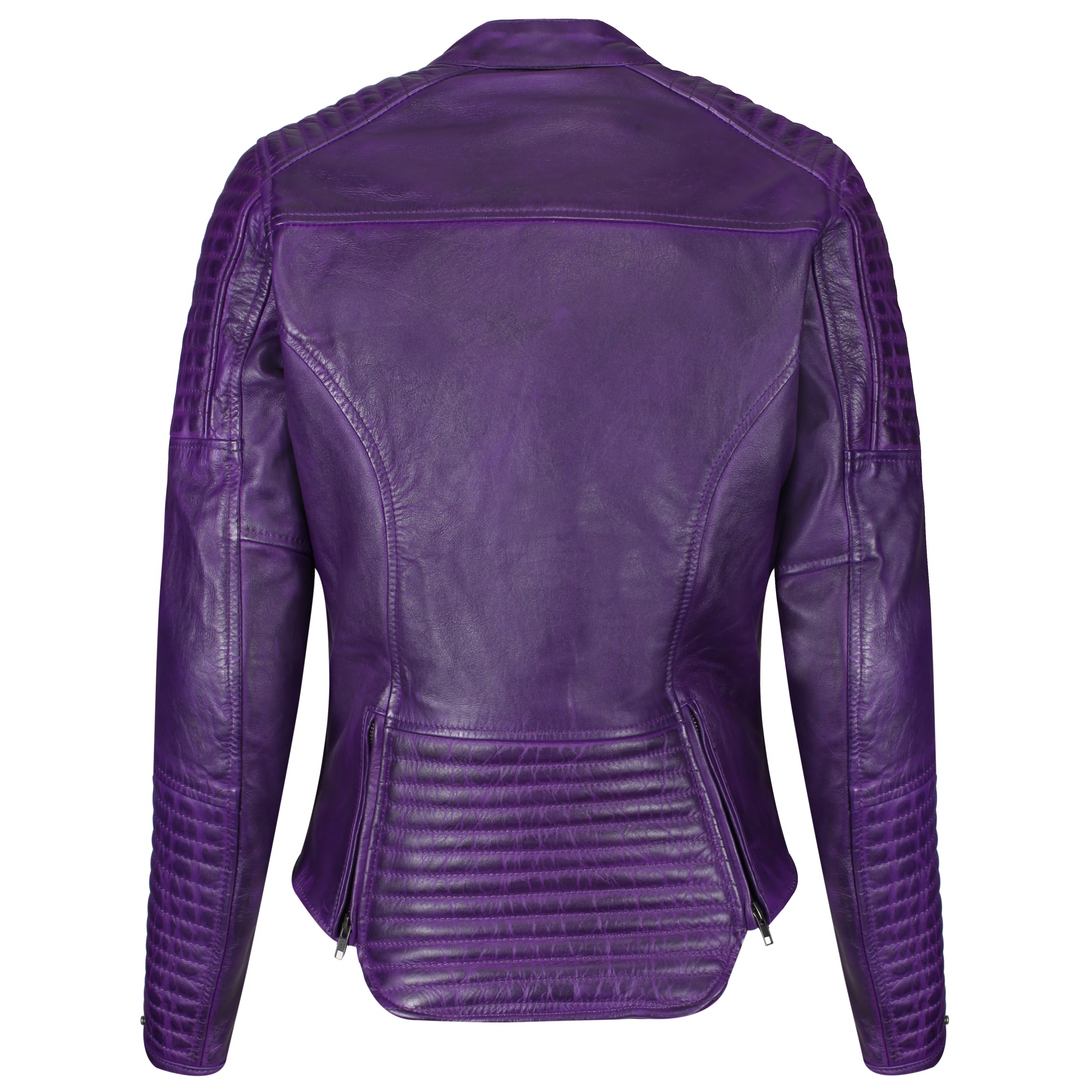 the back of purple Valerie leather jacket from moto girl with two zip details on the lower back