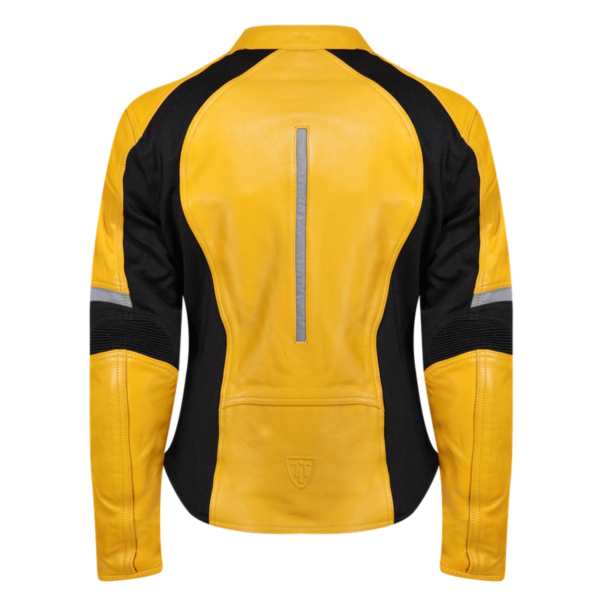 The back of a yellow leather women's motorcycle jacket with reflectors on the back and sleeves from Moto Girl