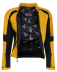 yellow open leather motorcycle jacket with the interior visible, for women from Moto Girl