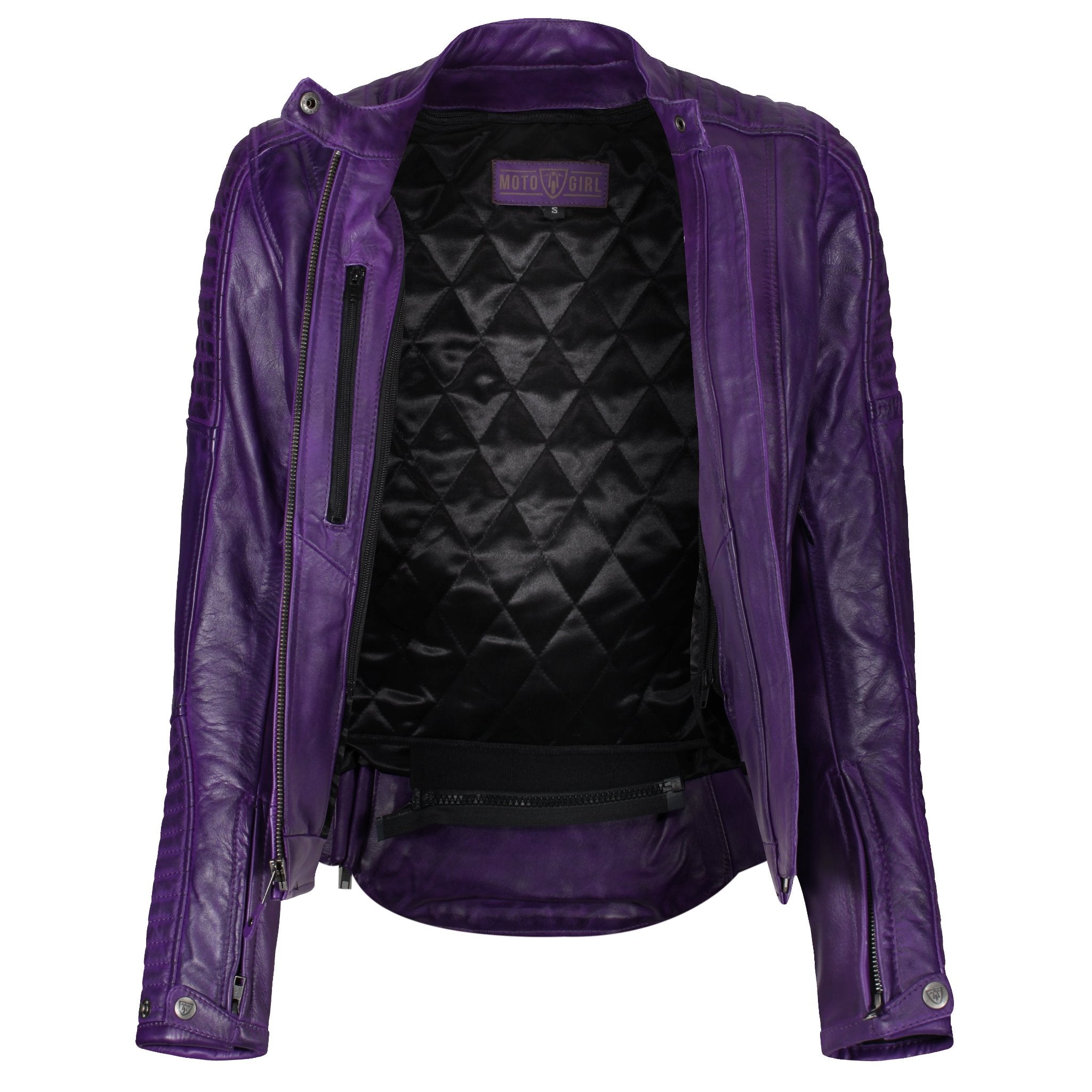 open purple Valerie leather jacket from moto girl 