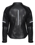 The back of a black leather women's motorcycle jacket with reflectors on the back and sleeves from Moto Girl