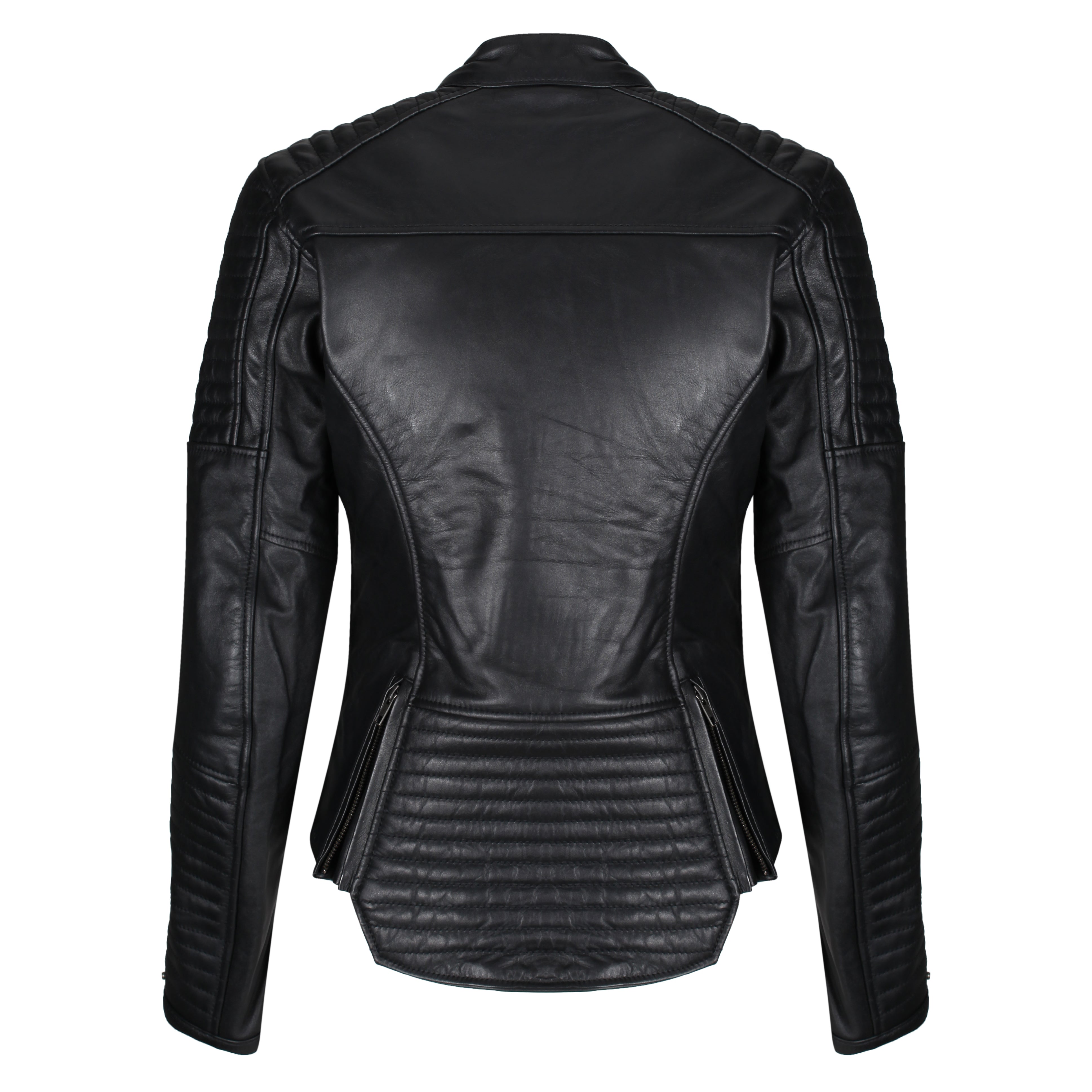 the back of black leather Valerie jacket with two zipper details from moto girl 