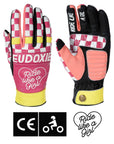 Ride like a Girl pink, black and yellow women's motorcycle gloves from eudoxie