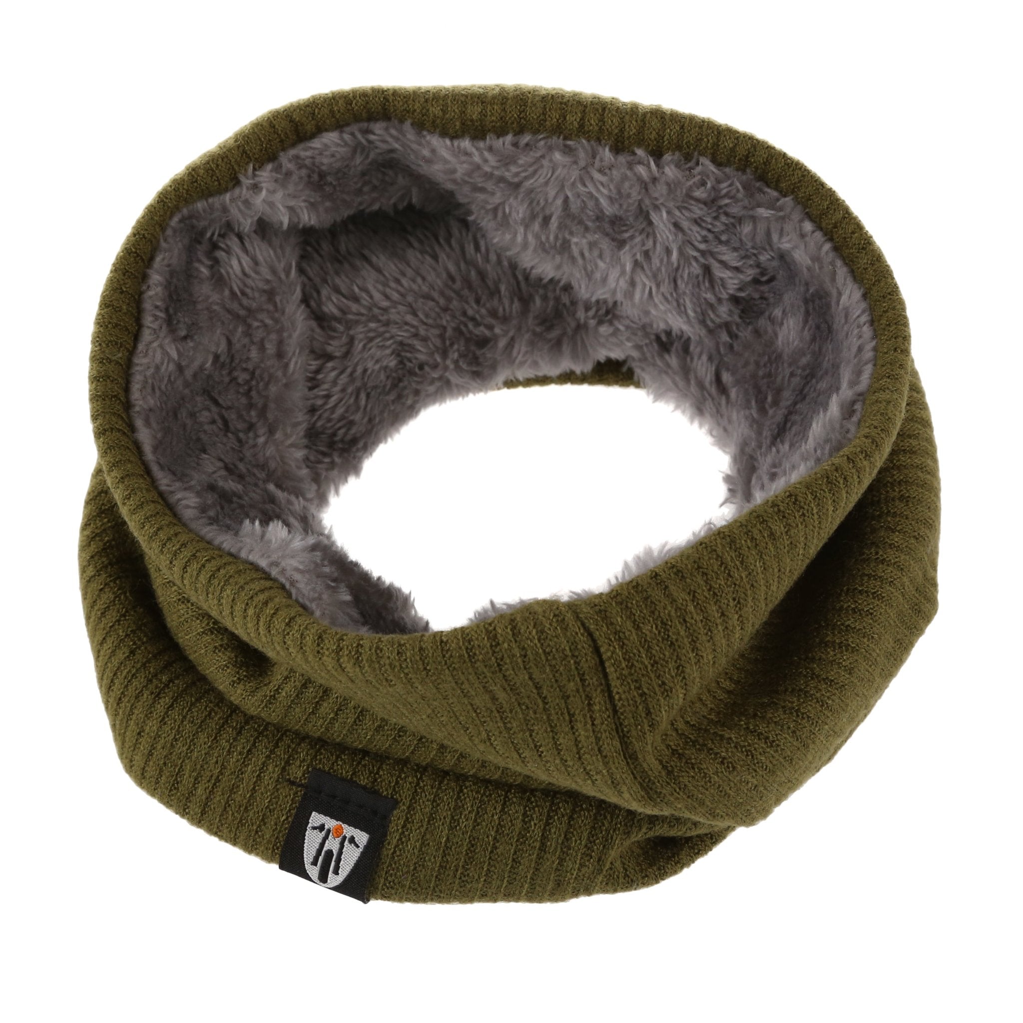 Knitted khaki green  neck warmer with grey fake fur inside from moto girl