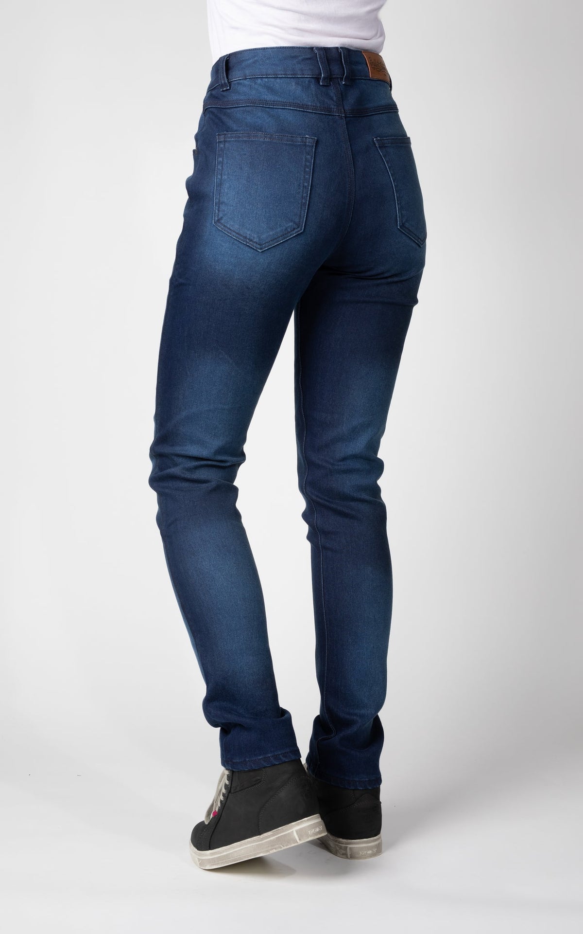 Woman's legs from behind wearing blue lady motorcycle jeans from Bull-it