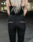 A bottom of a woman wearing high waist lady motorcycle jeans from Moto Girl