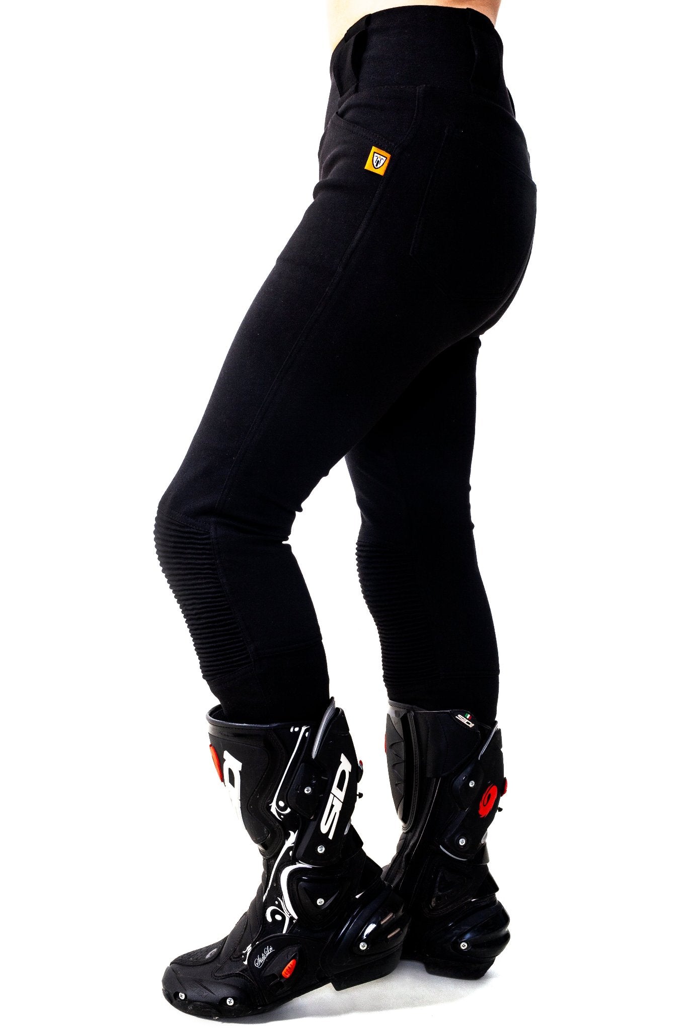 Women's motorcycle ribbed knee design leggings in black from MotoGirl