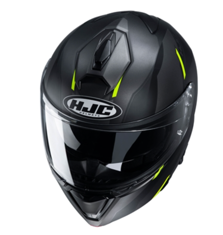 Grey helmet from HJC with neon green details