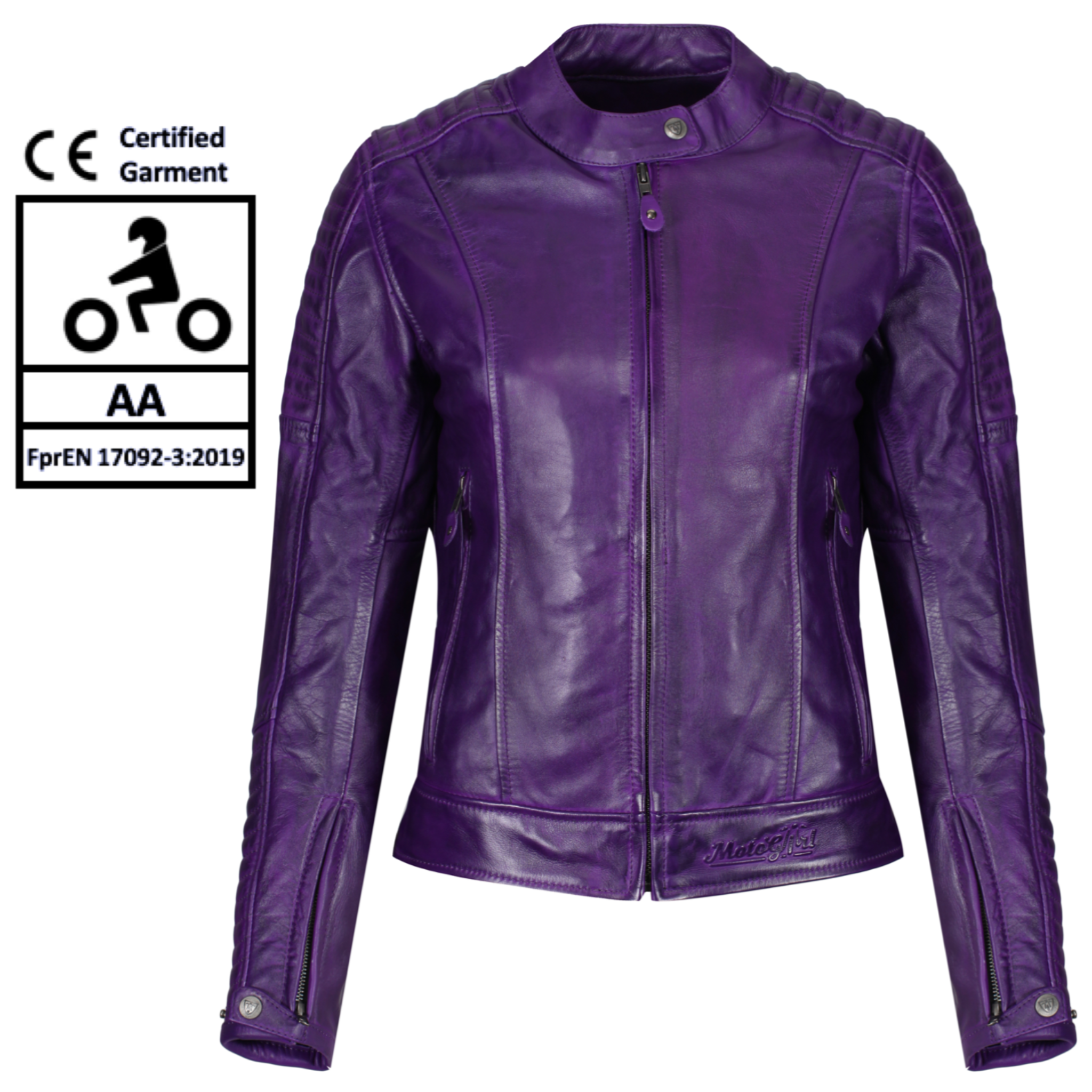 purple Valerie leather jacket from moto girl with safety certificate AA 