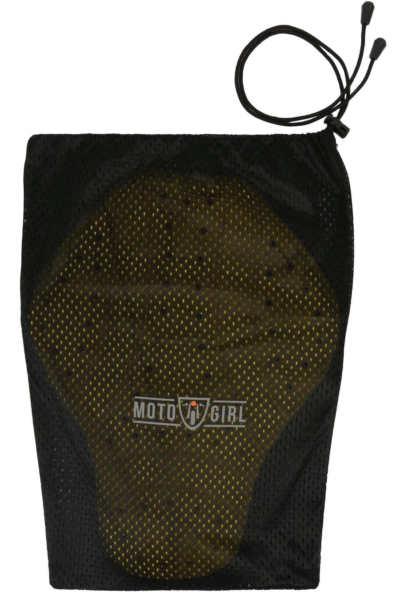 Yellow back protector for motorcycle jackets in a Moto Girl black bag