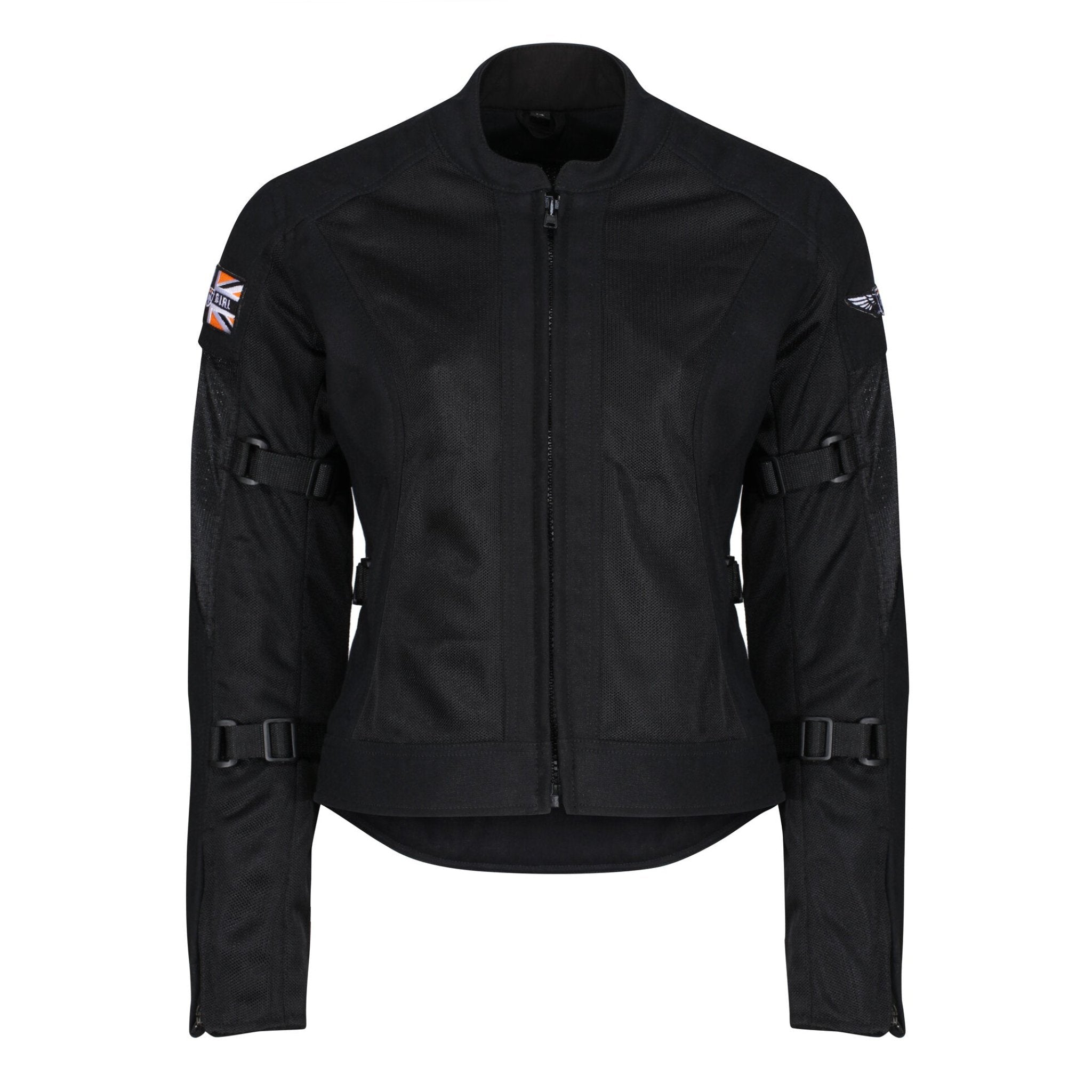 Black summer mesh women's motorcycle jacket with Motogirl patch