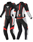 Red, white and black Motorcycle pants and jacket from Shima from the front and back